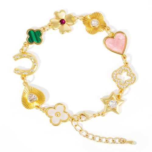 Gold Clover Charm Link Bracelet for Women Elegant Mother of Pearl Lucky Four Leaf Clover Bracelet Cute Colorful Rhinestone Clover Pendant Bracelet Adjustable Link Chain Trendy Party Jewelry Gift - style: lucky