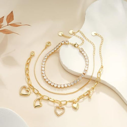 3PCS Charm Gold Bracelets for Women Non Tarnish,14k Plated Gold Bracelet Stack Cute Dainty Stackable Trendy Bow Cross Clover Bracelets Set Tarnish Free Gold Jewelry for Women Gifts - color: Heart-Gold