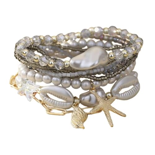 Boho Stackable Beaded Bracelet Set, Pink, Starfish Shell Pearl Charms, Elastic Handmade Layered Stretch Bracelets, Summer Beach Holiday Jewelry for Women - color: Grey A