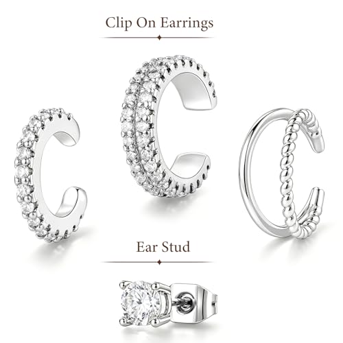 4PCS 14K Gold Plated Ear Cuffs, Ears Clip On Earrings for Women | Adjustable Non Piercing Ears Clip Design, Sparkling Cubic Zirconia, Stackable Single Wear, Gift Box For All Occasions - color: SILVER