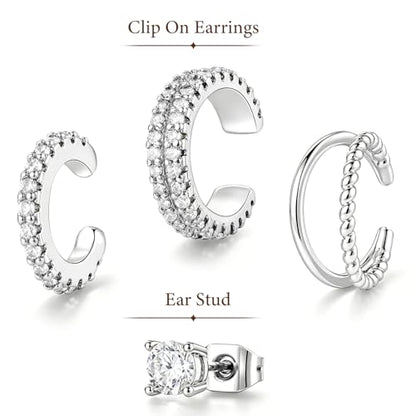4PCS 14K Gold Plated Ear Cuffs, Ears Clip On Earrings for Women | Adjustable Non Piercing Ears Clip Design, Sparkling Cubic Zirconia, Stackable Single Wear, Gift Box For All Occasions - color: SILVER
