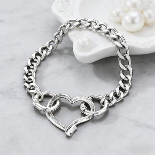 Heart Bracelet for Women, Chunky Silver Chain Clasp Charms Stainless Steel Link Buckle Statement Jewelry Accessories Gifts - color: Silver OO Heart