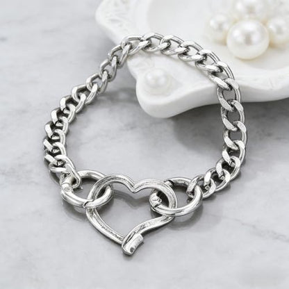 Heart Bracelet for Women, Chunky Silver Chain Clasp Charms Stainless Steel Link Buckle Statement Jewelry Accessories Gifts - color: Silver OO Heart