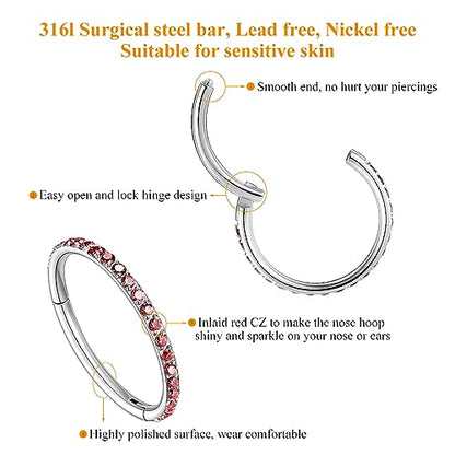 MissNity 20G, 18G, 16G, 14G Hinged Nose Rings Hoop with Gem in 316L Surgical Steel, Septum Clicker Cartilage Earrings Conch Daith Helix Rook Ear Lobe Piercing Jewelry, Diameter 6mm to 12mm - color: 15: Steel - Red CZ