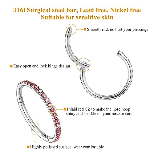 MissNity 20G, 18G, 16G, 14G Hinged Nose Rings Hoop with Gem in 316L Surgical Steel, Septum Clicker Cartilage Earrings Conch Daith Helix Rook Ear Lobe Piercing Jewelry, Diameter 6mm to 12mm - color: 15: Steel - Red CZ