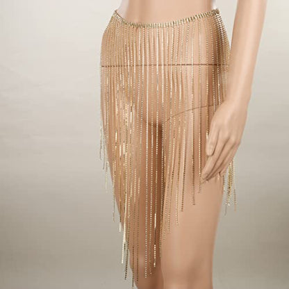 Rhinestone Gold Waist Chain with Long Tassel and Crystal Underwear Chain - Belly Chain Body Chain for Women - Night Club Party Accessory (Gold 2)