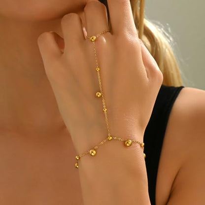 Dainty 18K Gold Plated Tiny Bracelets with Finger Ring for Women | Waterproof Hypoallergenic Adjustable Hand Harness Chain Jewelry - color: Multi Bead -GD