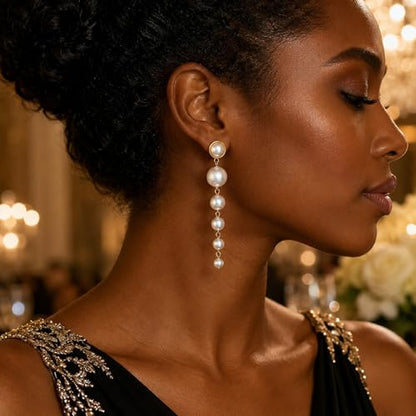 Graduated Pearl Drop Earrings for Women, Elegant Long Linear Tassel Dangle Earrings for Wedding Guest or Bride, Hypoallergenic Formal Party Jewelry