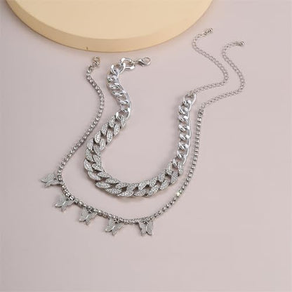2Pcs Layered Hip Hop Shiny Rhinestone Bead Chunky Chain Butterfly Pendant Necklace Punk Crystal Cuban Link Chain Choker Collar Necklace for Women Party Birthday BarJewelry Gift - color: H silver-3