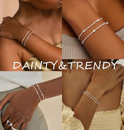 KOHOTA Silver Gold Bracelets for Women Trendy 14K Gold Plated Bracelet for Women Non Tarnish Dainty Stackable Layered Chain Heart Pearl Knot Beaded Bracelets Stack Set Charm Mothers Day Jewelry Gifts - color: D.Satellite beads-silver