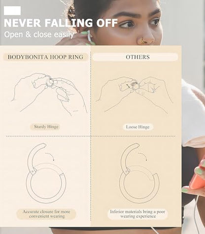 BodyBonita 3pcs Nose Rings Hoops - Double Hoop Nose Ring 14/16/18/20G Hinged CZ Piercing Jewelry Septum Clicker Rings Cartilage Earring Helix Rook Tragus Daith 7mm/8mm/9mm/10mm - color: 14K Gold Plated, size: 14 gauge(1.6mm)-8mm