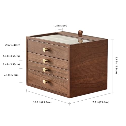 Walnut Wooden Women Jewelry Box with Pull-out Necklace Storage | 4 Layer Large Wood Jewelry Drawer Organizer, Glass Lid, For Watch Necklace Ring Earring Storage - style: 4 Layer B