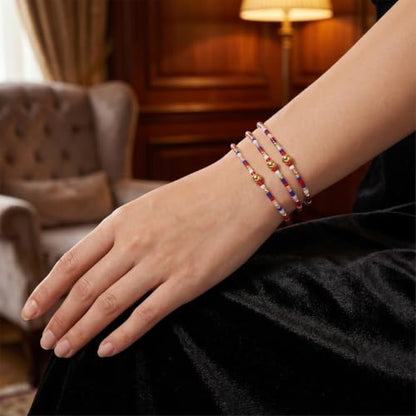 Small Seed Beaded Stack Bracelets Set for Women,Boho Handmade 3Pcs Colorful Glass Gold Stretch Accessories Jewelry, Summer Beach Wear Holiday Friendship Gift - color: Red blue