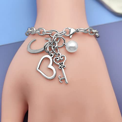 Initial A-Z Bracelets Gift for Women Girls Stainless Steel Chain Bracelet 26 Alphabet Jewelry Gifts for Birthday Anniversary Letter Bracelet Monogram Gifts for Sister Friend Girlfriends Mom 8.26 Inch - color: C