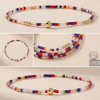 Dainty Gold Plated Tiny Ball Colorful Beaded Stack Bracelets Sets for Women,3Pcs Stackable Cute Bracelet Stretch Trendy Ball Jewelry Friendship Gift - color: 4th Of July