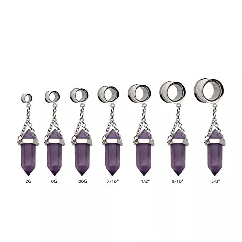 Pierced Owl 316L Stainless Steel Dangling Amethyst Stone Double Flared Tunnel Plugs, Sold as a Pair - style: 8mm (0GA)