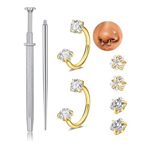 QWALIT 18g 20g Nose Stud 18g Surgical Stainless Steel Silver Gold Horseshoe Nose Ring for Women Hypoallergenic Double Stud Gem 18gauge Corkscrew Nostril Piercing Jewelry for Men Trendy - color: B2- 18g - horsehsoe gold 2pcs 7mm