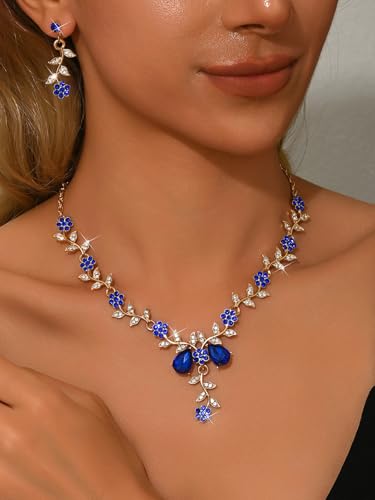 CSIYANJRY99 Silver Prom Jewelry Set Gold Wedding Jewelry Sets for Brides Necklace and Earring Bracelet Rhinestone Prom Party Costume Accessorie - color: Blue