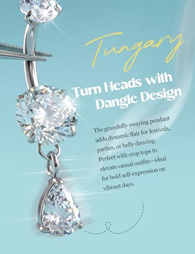 Tungary G23 Titanium Belly Button Rings for Women 14G Internally Threaded | Hypoallergenic Long Navel Piercing Jewelry, 3/8" Implant Grade Dangle Belly Button Piercing, 5A CZ, with Vacuum PVD Finish - color: Drop: Titanium Silver