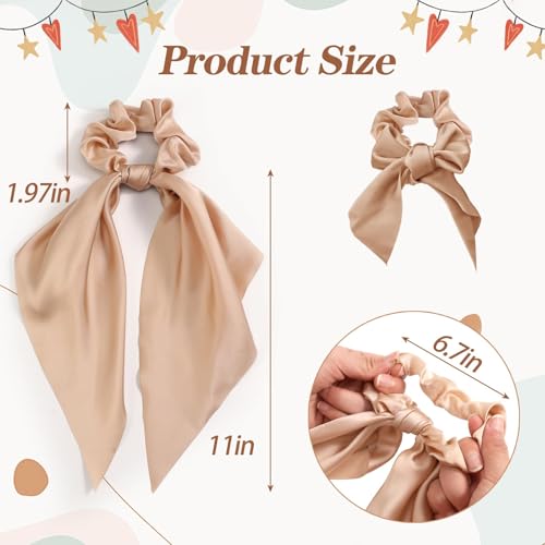 6 PCS Bow Silk Scrunchies, Hair Ties with Bows, Hair Scarf Scrunchies | Knotted Scrunchie Bow for Women , Satin Hair Ribbon Elastic Hair Tie, Long, Brown - color: Brown