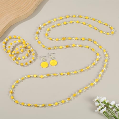 Trendy Infinity Wrap 60’’ Long Statement Necklace, Earrings and Bracelet Set - Hand Knotted Versatile Crystal and Shell Beads Strand Necklace and Chunky Beaded Stretch Bracelet Stack – Jewelry Set Gift for Women - color: yellow
