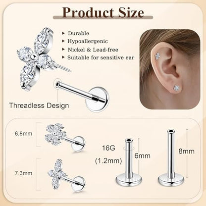 NICEIGHT 2Pcs 16G 18G F136 Titanium Threadless Cartilage Earrings Stud for Women Flat Back Push in Helix Tragus Labret Monroe Stud Hypoallergenic Flower Conch Lobe Stud Piercing Jewelry 6/8MM - color: Silver, size: 16G