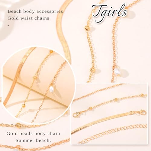 Tgirls Gold Waist Chain for Women Rhinestone Layered Belly Chains Beads Body Chain Heart-Shaped Beach Body Jewelry for Summer - style: 3 Layers