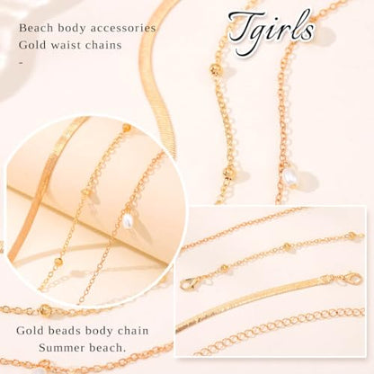 Tgirls Gold Waist Chain for Women Rhinestone Layered Belly Chains Beads Body Chain Heart-Shaped Beach Body Jewelry for Summer - style: 3 Layers