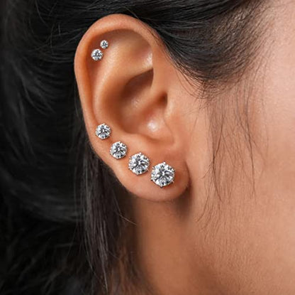 6 Pairs Hypoallergenic Stainless Steel Stud Earrings Cubic Zirconia Earrings Set 14K Gold Plated Multipack 3-8mm - color: Silver