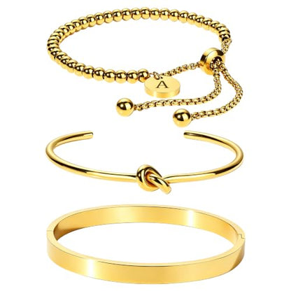 Waterproof Non Tarnish PVD 18K Gold Plated Stainless Steel Beaded Bracelets for Women, Hypoallergenic Dainty Initial Letter Charm Beaded Stackable Adjustable Bracelets, Love Knot Oval Bangles Single & Gift Sets Birthday Jewelry for Her - color: gold-A-3pc