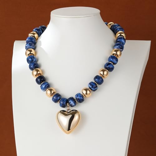 Resin Chunky Colorful Beaded Necklace | Adjustable Boho Statement Necklace,Summer Beach Party Jewelry - color: Heart+Blue