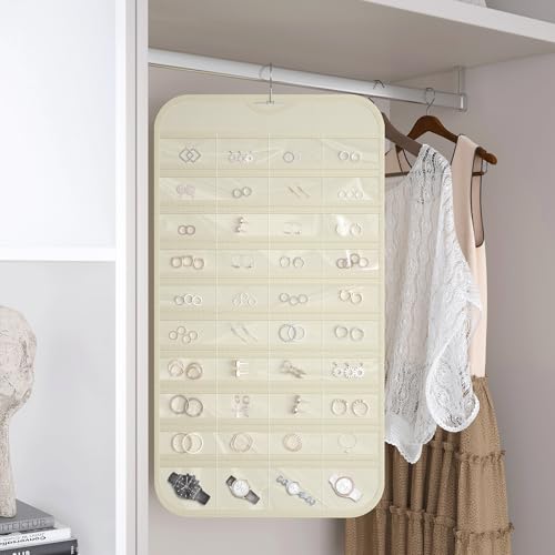Hanging Jewelry Organizer 80-Pocket Double-Sided Storage, 1-Pack, Beige - color: Beige