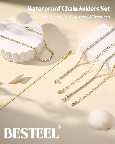 Besteel Ankle Bracelets for Women Waterproof 14K Gold Plated Anklets Set | Non Tarnish Stainless Steel, Plus Size Adjustable 8-12 Inch, Hypoallergenic Layered Cuban Link Chain Summer Foot Jewelry Gift - style: 6 Pcs Gold Tennis-8.5+2.5 Inch