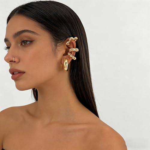 4pcs Chunky Gold Silver Ear Cuff Set for Women Punk Metallic Twist Non Piercing Clip Cuff Earrings Trendy Jewelry Set for Daily Party - style: style F