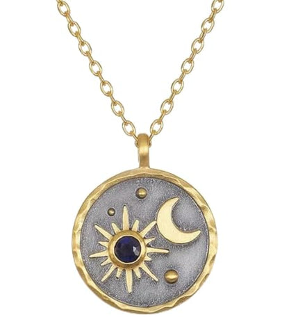 Gold Sun Moon and Stars Pendant Necklace with Birthstone Crystals as Center of Sun, Two-Tone Stainless Steel, Celestial Theme, Astrology Gift for Women, 16-20 Inch Adjustable Cable Chain - color: September Saphire