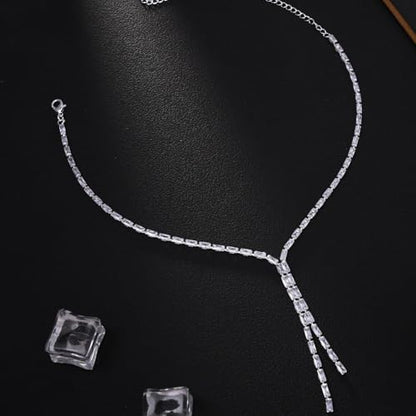STONEFANS Long Tennis Necklaces for Women - Dainty Silver Lariat Necklace Rhinestone Y Shaped Drop Necklace Cute Choker Necklaces for Women Trendy Silver Prom Jewelry Gifts - color: Silver-Gem