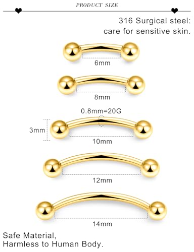 20G 16G 14G 12G Eyebrow Ring Piercing Jewelry Surgical Steel Vertical Labret Lip Ring Rook Daith Earrings Navel Small Tiny Belly Button Ring Piercing Jewelry for Women Men Silver Black Gold - color: Gold, size: 20G