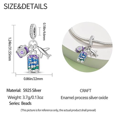 LNQOBU 925 Sterling Silver Charms for Bracelets Necklaces,5A Cubic Zirconias Evil Eye Dangle Beads Charms Jewelry Gift for Women (With one Spacer Beads Charms) - style: Travel Luggage Pendant