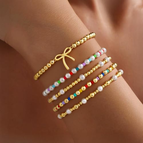 Turandoss 5PCS 14K Gold Plated Beaded Stretch Bracelets Set for Women | Stacked Bow Cross Wave Knot Pearl Beads Bracelet Set, Waterproof 7 Inch Stretch Elastic, Summer Jewelry Gifts for Women Girls - color: 5PCS Bow Beaded Bracelets
