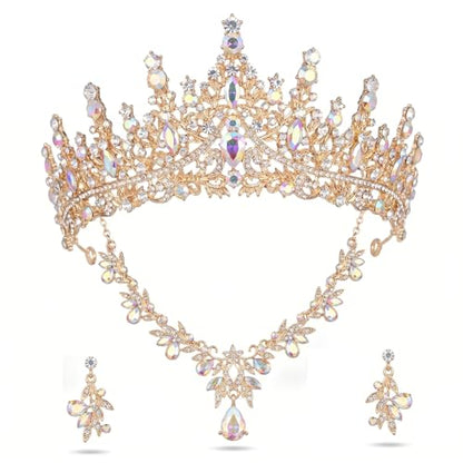 Kamirola Tiaras and Crowns for Women,Tiaras Earrings Necklace, Crystal Bridal Jewelry Set, Costume Jewelry for Women Party Halloween Prom Pageant - color: GOLD AB 2