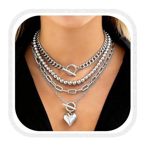 Chunky Layered Necklaces for Women, Stackable Paperclip Chain Necklace Set with Coin & Heart Pendants, Trendy Statement Jewelry for Everyday Wear and Gift Giving - color: Silver