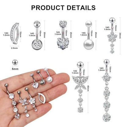 14G Belly Button Rings Silver Gold Pink Stainless Steel Belly Rings Cubic Zirconia Belly Button Piercings Navel Piercings Set Pool Party Accessories for Women