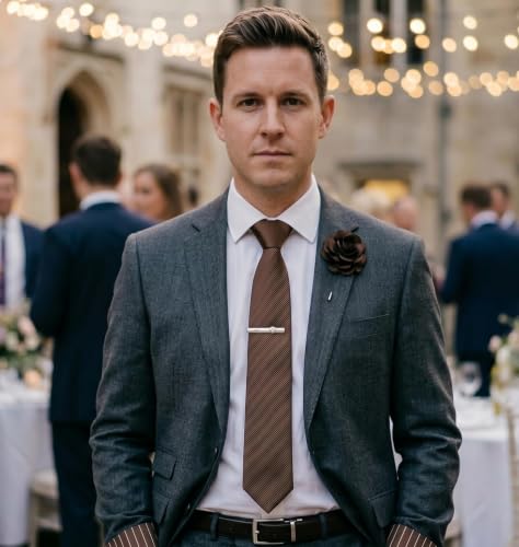 joy alice 30 Colors Solid Ties for Man Pure Color Men's Tie Set with Lapel Pin Pocket Square Tie Clip - color: Brown