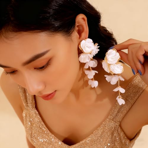 Fabric Flower Earrings for Women Colorful Long Tassel Floral Drop Earrings Fashion Boho Exaggerated Statement Beach Party Jewelry - color: white