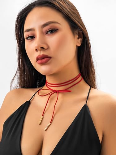 Bravace Bow Chocker Necklace for Women with Adjustable Layered Velvet Lace Collar Sexy Long Wrap Rope Gothic Choker for Party Cosplay or Daily Wear Jewelry Gift - color: Red