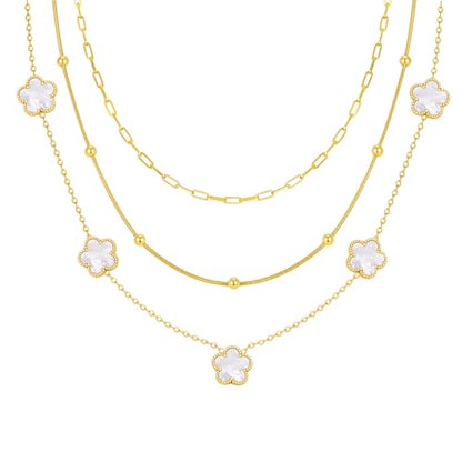 MPRAINBOW Gold Layered Necklace for Women - 3Pcs 18K Gold Plated Floral Necklaces, Stainless Steel Stackable Cuban Link Chain Non Tarnish Trendy Jewelry, Herringbone Chains Christmas Birthday Gifts - color: White 01