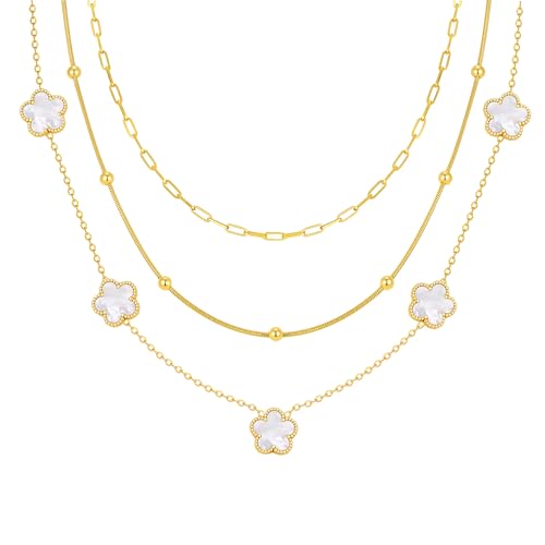 MPRAINBOW Gold Layered Necklace for Women - 3Pcs 18K Gold Plated Floral Necklaces, Stainless Steel Stackable Cuban Link Chain Non Tarnish Trendy Jewelry, Herringbone Chains Christmas Birthday Gifts - color: White 01