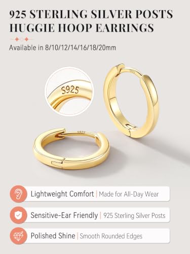 FaithHeart 925 Sterling Silver Post Huggie Hoop Earrings for Women 8-20mm | Silver/Black/Gold/Rose Gold Small Hoop Earrings, Hypoallergenic Lightweight Cartilage Huggie Earrings, Gift Box - color: Gold, size: 18mm