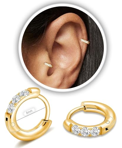 CZ Huggie Earrings for Women, Stainless Steel Hinged Small Hoop Earrings, Select Sizes, Colors and Sets for Cartilage Helix Lobe Ear Stack Jewelry - color: Gold, size: 6mm (THK:2mm)