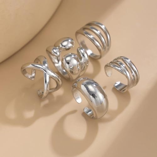 Gold Plated Geometric Chunky Water Drop Ring Set for Women,Open Adjustable Twisted Stacked Knuckle Finger Ring Set Punk Party Jewelry Accessories Gift - color: Silver